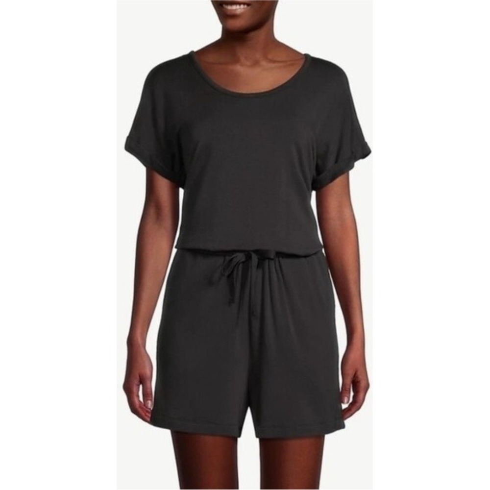 Lou & Grey LOFT Black Short Sleeve Romper XS Keyhole Back Drawstring  Pockets‎